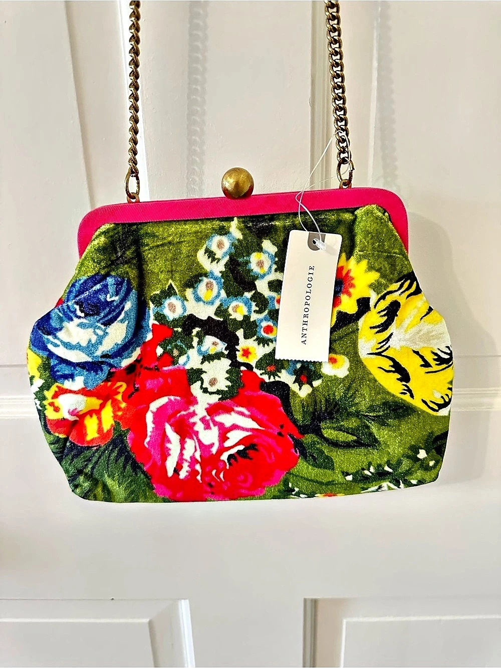 Anthropologie Floral Frame Chain Shoulder Bag / Clutch / Purse NWT green pink